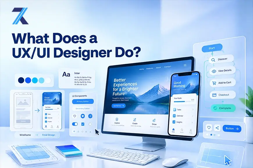 Graphic titled "What Does a UX/UI Designer Do?" displaying a desktop monitor, smartphone app screens, wireframes, and UI component design elements on a workspace desk. 